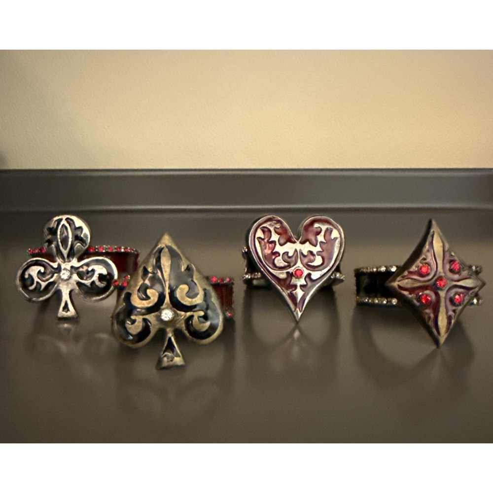 4 Metal Napkin Rings Card Suits Heart Diamond Spade Clover Red Black Rhinestones